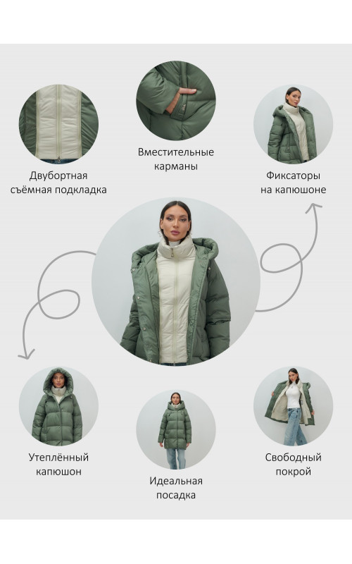 Пуховик двубортный женский зимний с капюшоном хаки