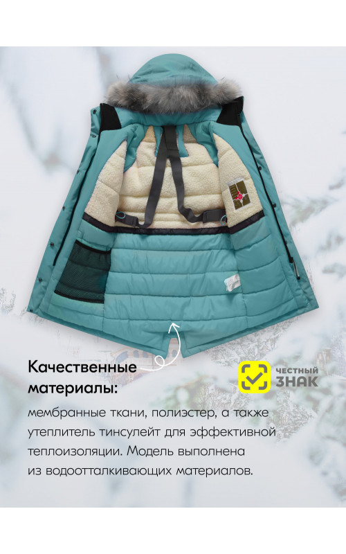 Детская зимняя куртка-парка для девочки с капюшоном и мехом, зелёная.