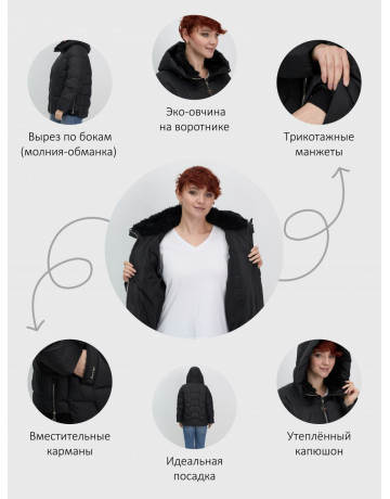 Пуховик зимний женский из овчины, стильный и модный, чёрный.
