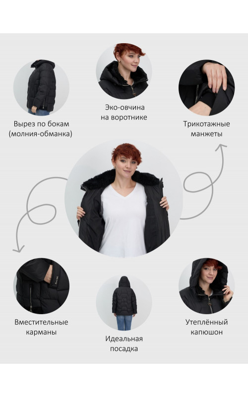 Пуховик зимний женский из овчины, стильный и модный, чёрный.