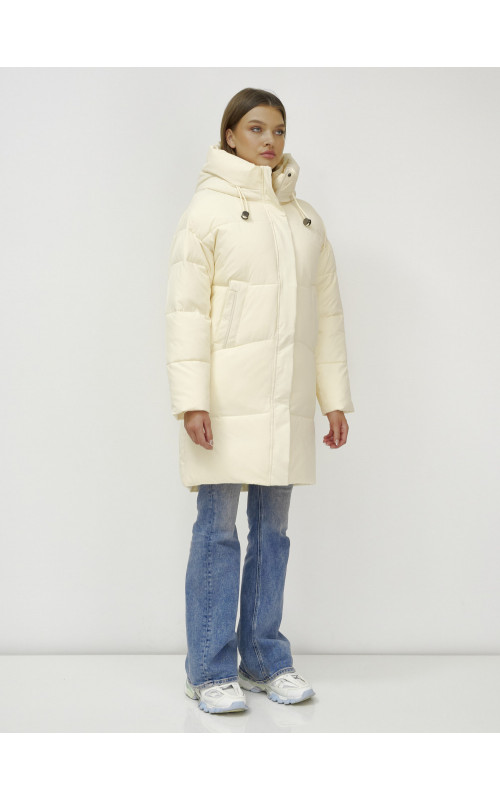 Зимний пуховик с воротником-стойкой и капюшоном.