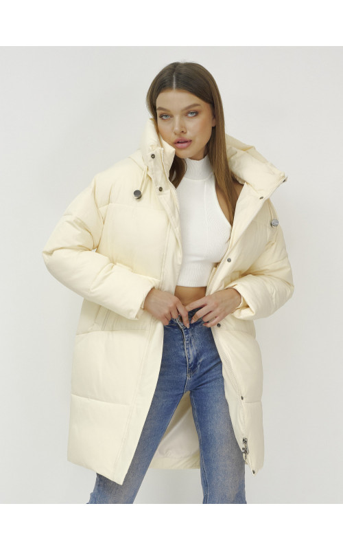 Зимний пуховик с воротником-стойкой и капюшоном.