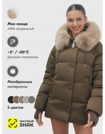 Пуховик с мехом песца, зима 2025, свободный крой