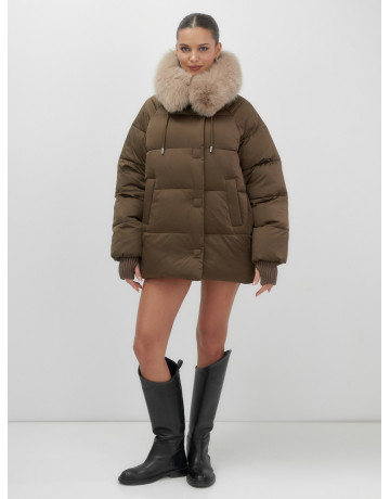 Пуховик с мехом песца, зима 2025, свободный крой