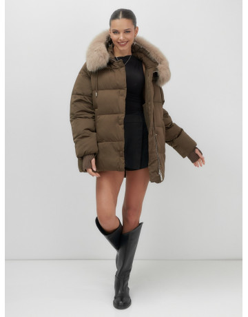 Пуховик с мехом песца, зима 2025, свободный крой