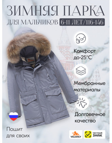 Детская зимняя парка для мальчика с капюшоном и мехом, серая.