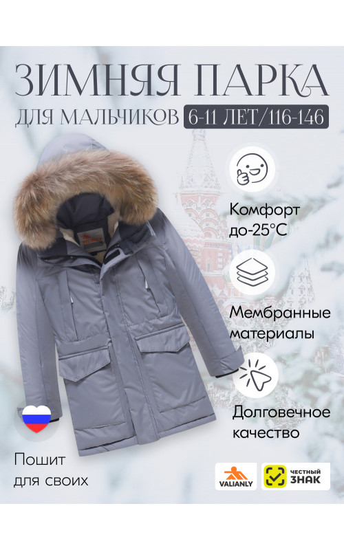 Детская зимняя парка для мальчика с капюшоном и мехом, серая.