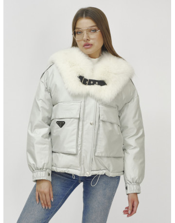 Зимний женский бомбер-куртка с меховой опушкой.