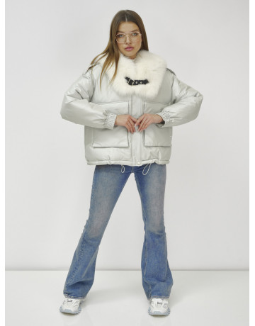 Зимний женский бомбер-куртка с меховой опушкой.