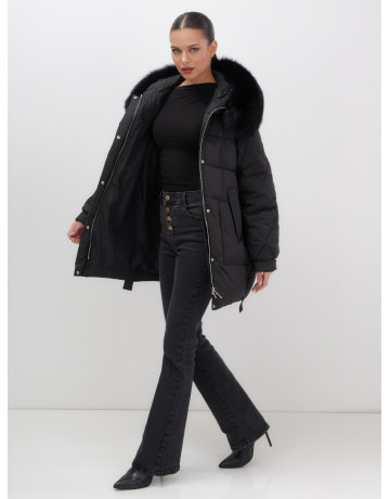 Пуховик с мехом песца для женщин, удлиненный, чёрный.