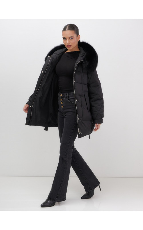 Пуховик с мехом песца для женщин, удлиненный, чёрный.