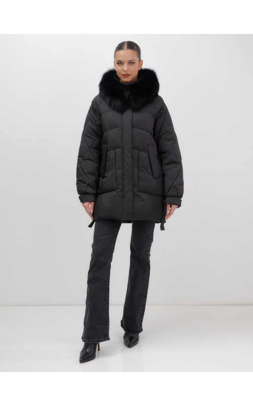 Пуховик с мехом песца для женщин, удлиненный, чёрный.