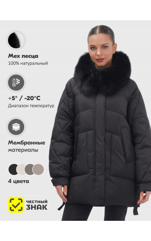 Пуховик с мехом песца для женщин, удлиненный, чёрный.