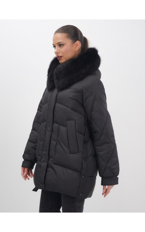 Пуховик с мехом песца для женщин, удлиненный, чёрный.
