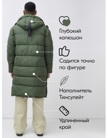 Мужская зимняя спортивная парка, удлинённая, цвета хаки.