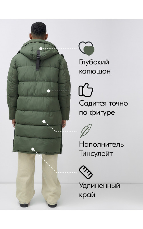 Мужская зимняя спортивная парка, удлинённая, цвета хаки.