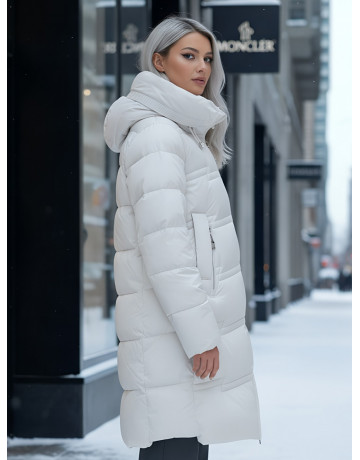 Длинный зимний пуховик для женщин с капюшоном.