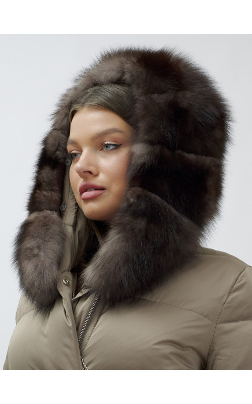 Длинный зимний пуховик с мехом песца для женщин