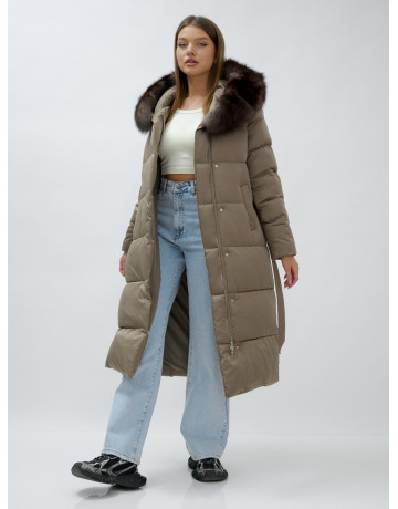 Длинный зимний пуховик с мехом песца для женщин