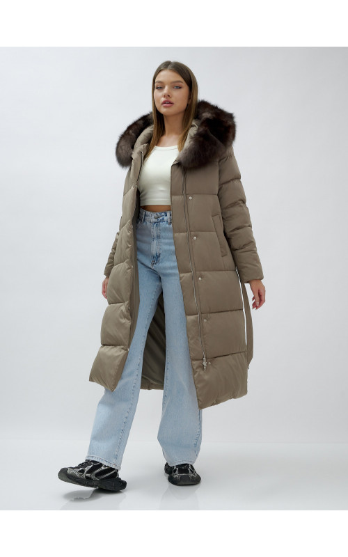 Длинный зимний пуховик с мехом песца для женщин