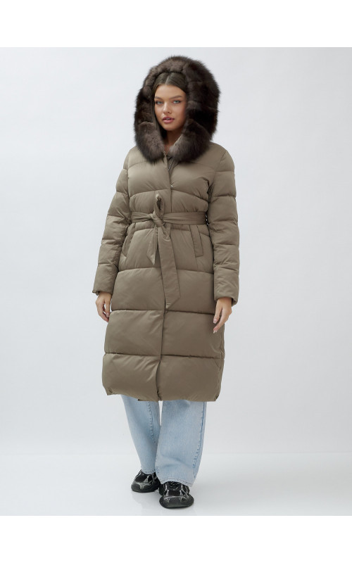 Длинный зимний пуховик с мехом песца для женщин