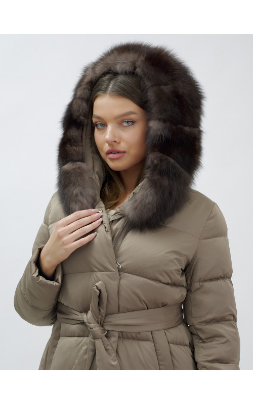 Длинный зимний пуховик с мехом песца для женщин