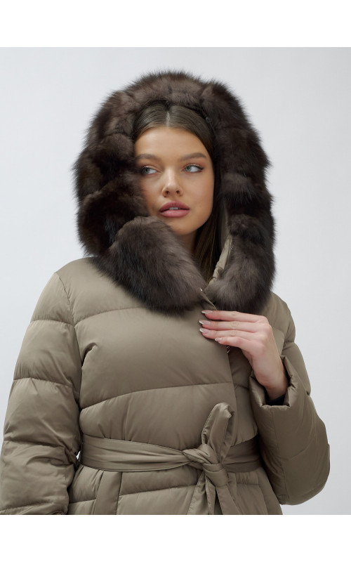 Длинный зимний пуховик с мехом песца для женщин