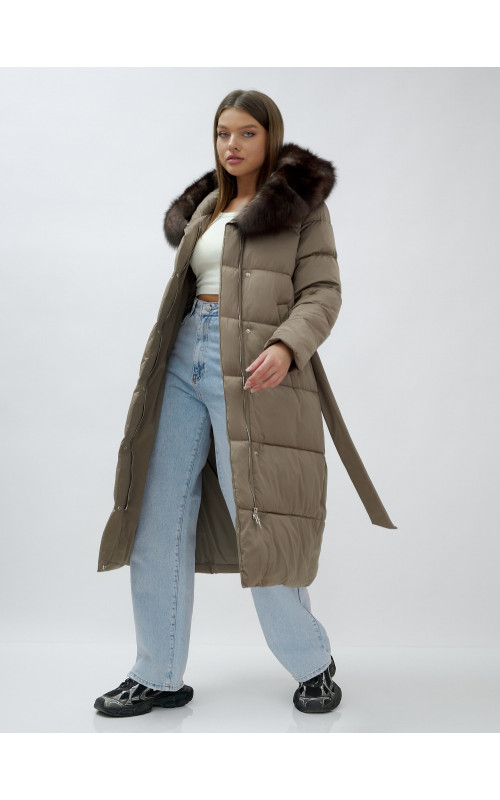 Длинный зимний пуховик с мехом песца для женщин