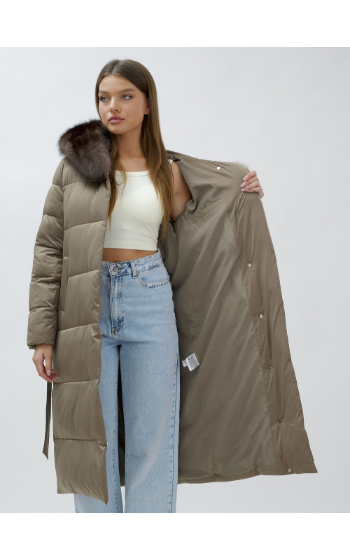 Длинный зимний пуховик с мехом песца для женщин