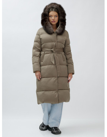 Длинный зимний пуховик с мехом песца для женщин