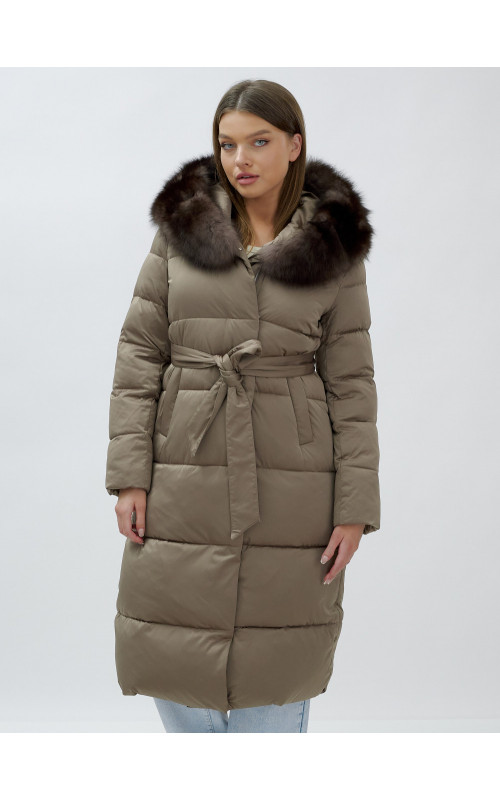 Длинный зимний пуховик с мехом песца для женщин