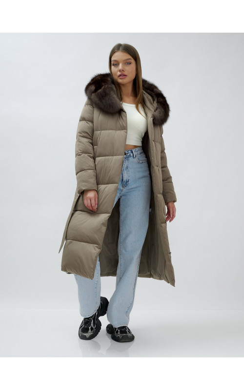 Длинный зимний пуховик с мехом песца для женщин