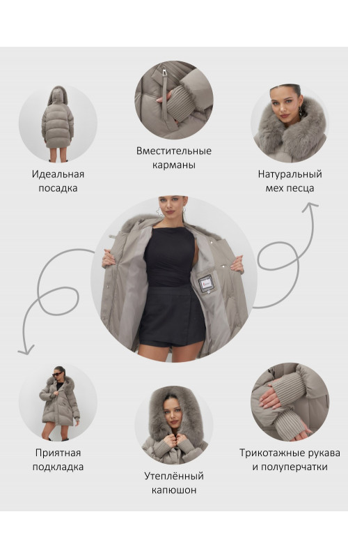 Женский зимний пуховик с мехом и капюшоном, светло-коричневый.