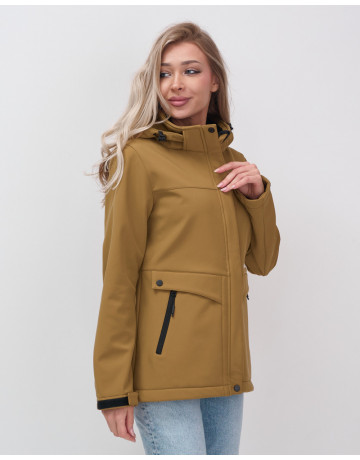 Женская спортивная ветровка с капюшоном softshell, горчичного оттенка.