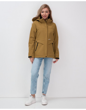 Женская спортивная ветровка с капюшоном softshell, горчичного оттенка.