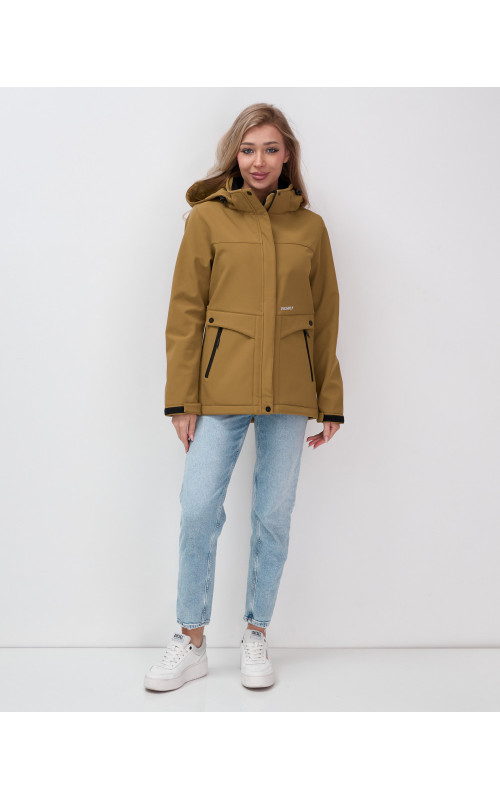Женская спортивная ветровка с капюшоном softshell, горчичного оттенка.