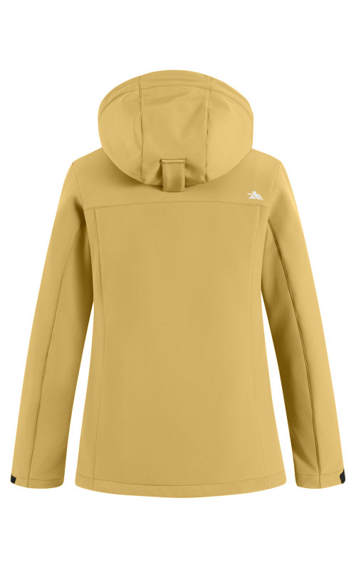 Женская спортивная ветровка с капюшоном softshell, горчичного оттенка.