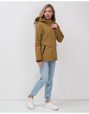Женская спортивная ветровка с капюшоном softshell, горчичного оттенка.