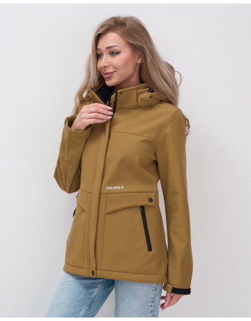 Женская спортивная ветровка с капюшоном softshell, горчичного оттенка.