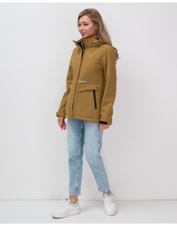 Женская спортивная ветровка с капюшоном softshell, горчичного оттенка.