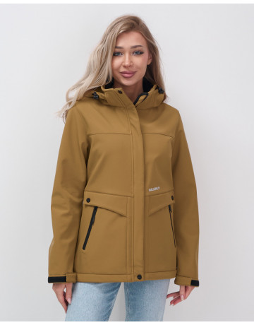 Женская спортивная ветровка с капюшоном softshell, горчичного оттенка.
