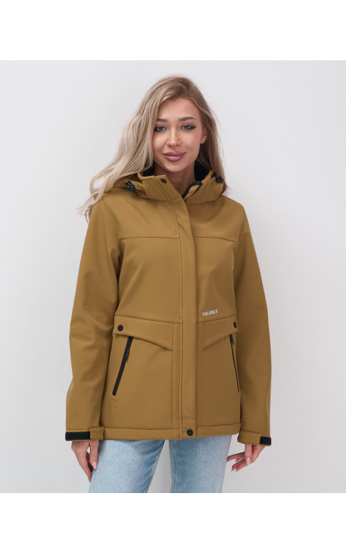 Женская спортивная ветровка с капюшоном softshell, горчичного оттенка.
