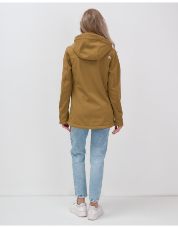 Женская спортивная ветровка с капюшоном softshell, горчичного оттенка.