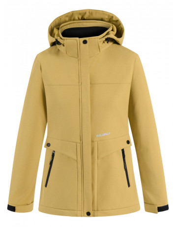Женская спортивная ветровка с капюшоном softshell, горчичного оттенка.