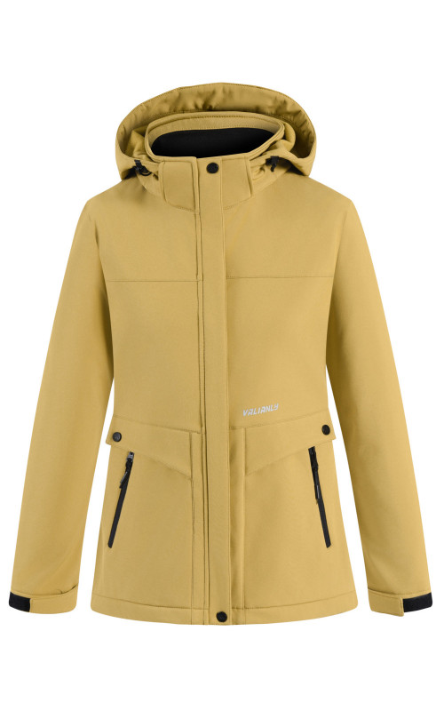 Женская спортивная ветровка с капюшоном softshell, горчичного оттенка.