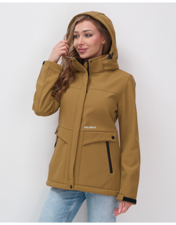 Женская спортивная ветровка с капюшоном softshell, горчичного оттенка.