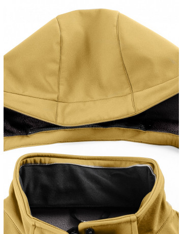 Женская спортивная ветровка с капюшоном softshell, горчичного оттенка.
