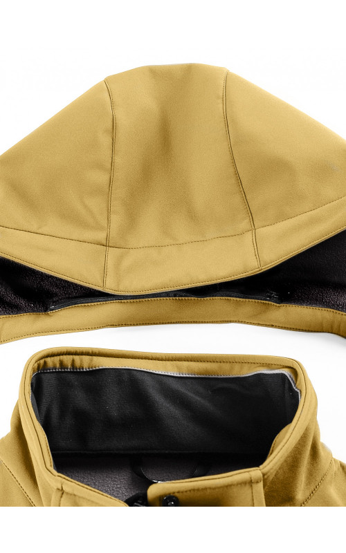 Женская спортивная ветровка с капюшоном softshell, горчичного оттенка.