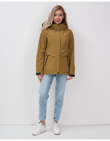 Женская спортивная ветровка с капюшоном softshell, горчичного оттенка.