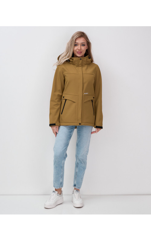 Женская спортивная ветровка с капюшоном softshell, горчичного оттенка.